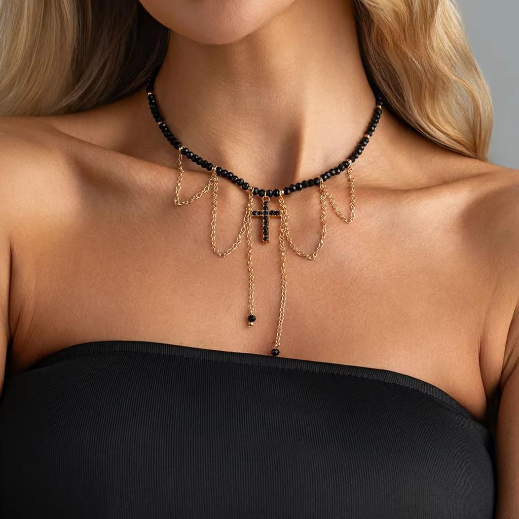 Salircon Trendy Creative Crystal Beaded Chain Choker Necklace Women's Exquisite Cross Rhinestone Tassel Pendant Necklace Jewelry