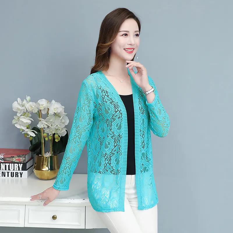 XL-5XL Spring and Summer Plus Size Women's Tops Mid-length Lace Cardigan Thin Coat Casual Long-sleeved Sun Protection Clothing