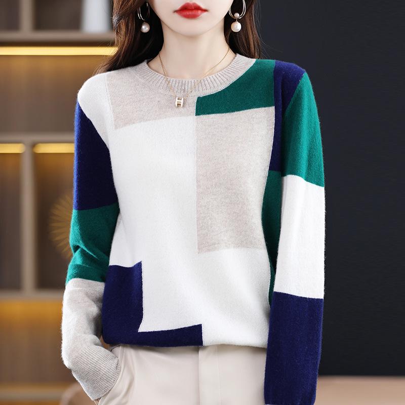 Women's Color-Block Wool Sweater: 2025 Autumn/Winter Thick Round Neck, Loose, Fashionable & Comfortable Knitwear