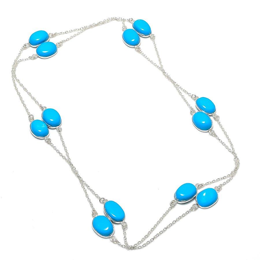 Sleeping Beauty Turquoise Necklace 36" Chain Oval Gemstone Jewelry Gifts CH 1237
