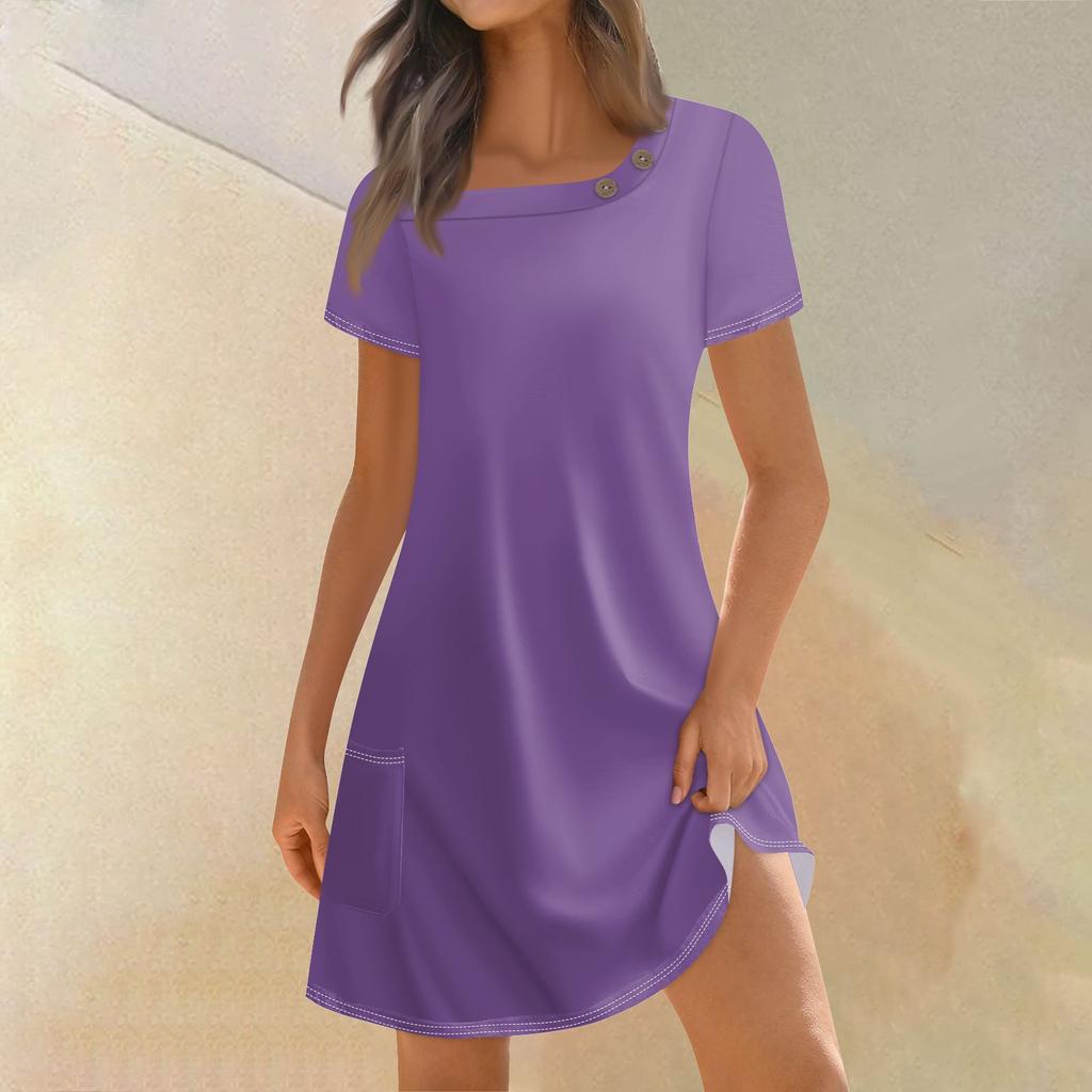 Женская мода, летние платья с квадратным вырезом и коротким рукавом, повседневные свободные однотонные платья с карманами и пуговицами