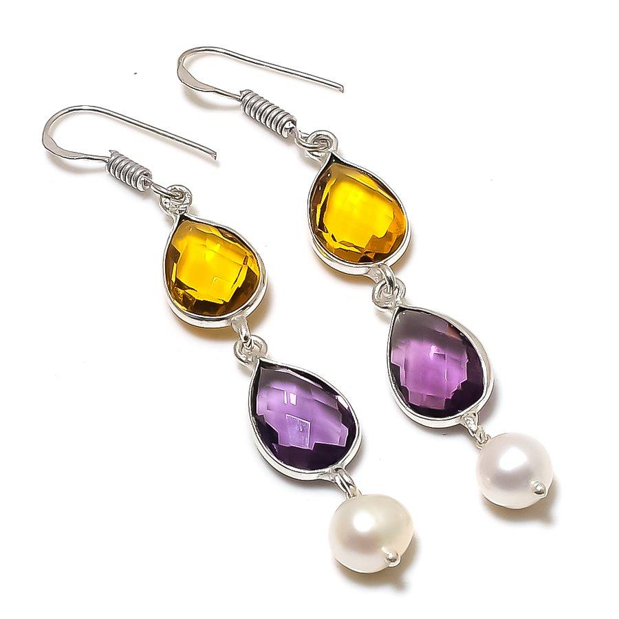 Amethyst, Citrine Gemstone 925 Sterling Silver Jewelry Earring 2.44" GK-6263