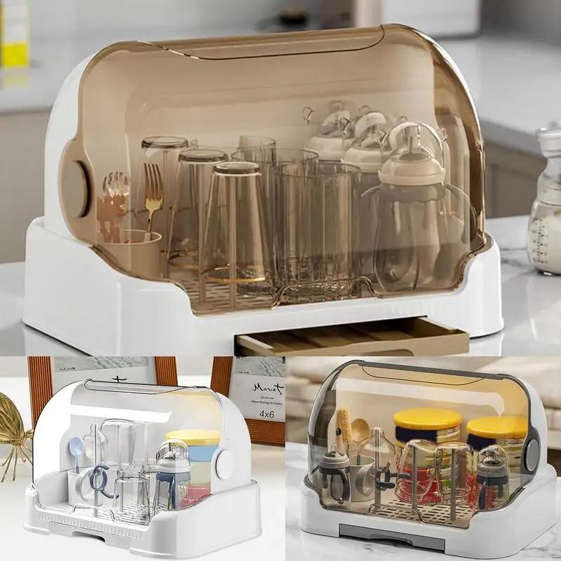Portable Baby Bottle Drying Rack & Organizer - Dustproof Storage Container with Removable Drip Tray, Hygienic Feeding Accessorie