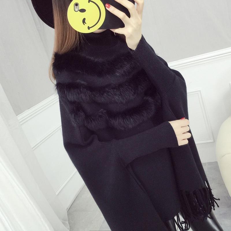 Плащ с высоким воротом и бахромой, большой размер, длинный рукав, трикотажный однотонный внешний плащ, шаль