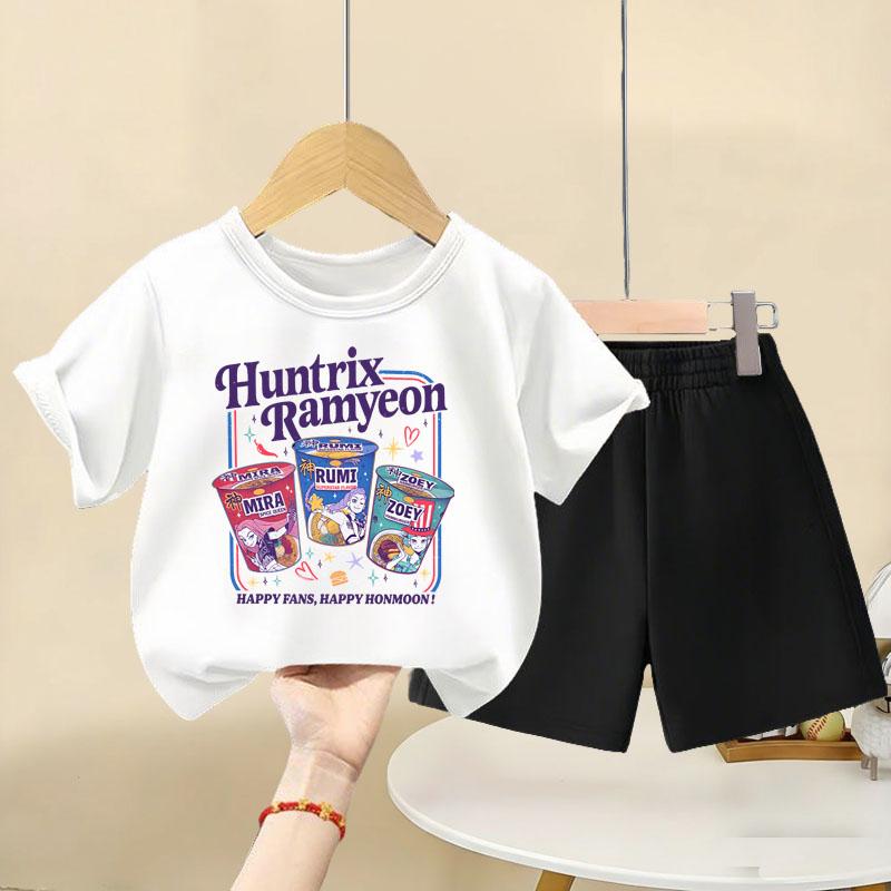 Summer Children's Casual Outfits K POP Girls O Neck Short Sleeve Tops Stes Kids Elastic Waist Shorts Set T Shirt and Bottom 2pcs