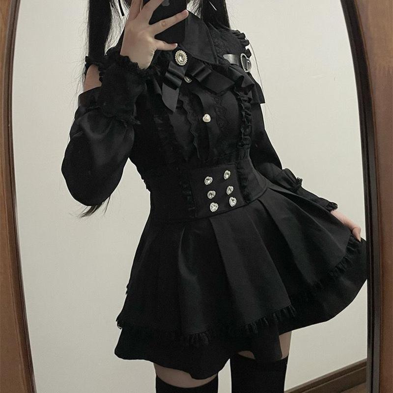 Japanese Black Short Skirt Set Gothic Ruffle Mini Skirts Sexy Lace Off Shoulder Lolita Shirt Gown Y2k Aesthetic Suit