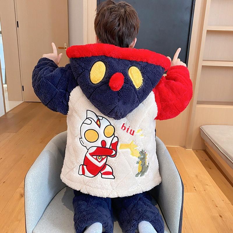 Thickened 3-Layer Cotton Padded Winter Boys Pajamas Set Coral Fleece Warm Sleepwear Kids Ages 8