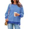 Women Striped Oversized Sweatshirt Long Sleeve Crewneck T-Shirt Split Hem Waffle Knitted Tunic Top Casual Fall Sweater