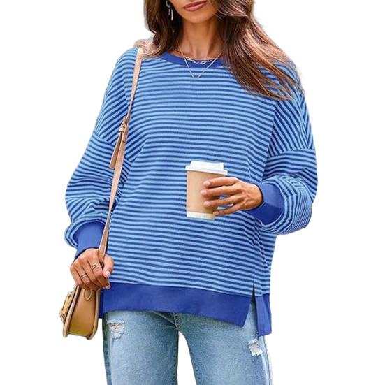 Women Striped Oversized Sweatshirt Long Sleeve Crewneck T-Shirt Split Hem Waffle Knitted Tunic Top Casual Fall Sweater