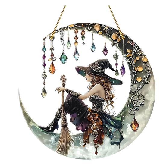 Halloween Moon Witch Hanging Decoration Stained Glass 2D Flat Acrylic Faux Crystal Pendant Witch Suncatcher Wall Window Hanging Sign Ornament