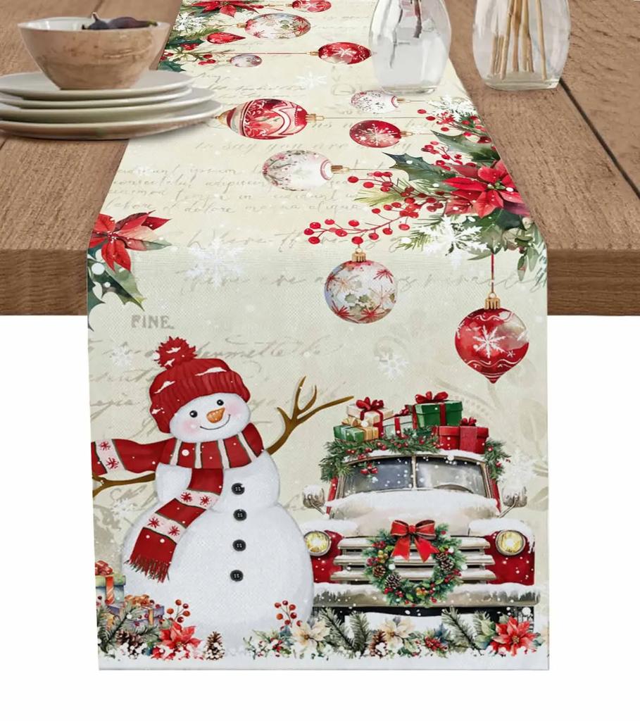 Christmas Silver Fir Leaves Snowflakes Wood Grain Linen Table Runners Kitchen Decoration Table Runner Festival Party Supplies