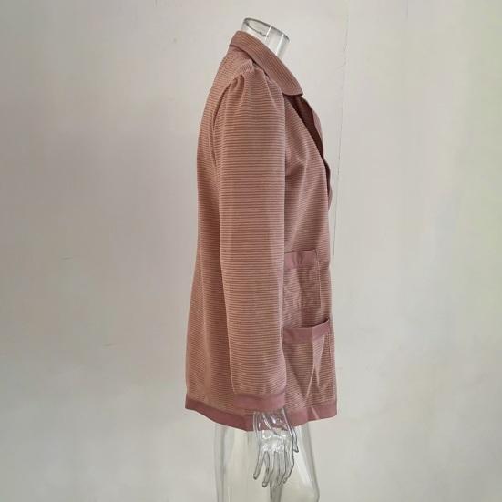 Women's Long Sleeve Tweed Double Breasted Blazer Jacket Notched Lapel Ribbed Open Front Fall Coat with Pockets