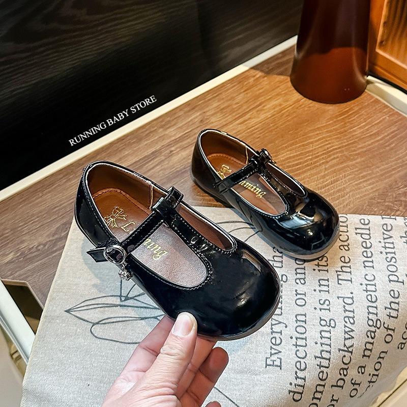 Chic Fall Soft Soled Girl's Leather Shoes Versatile Retro T-tied Roman Shoes Princess Flat Bottom Solid Color Shoes Child I08147