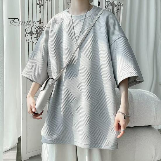 Летняя мужская футболка с круглым вырезом, свободная средней длины, сплошной цвет, вафельная текстура, плюс размер, половина рукава, уличная одежда в японском стиле, топ на открытом воздухе