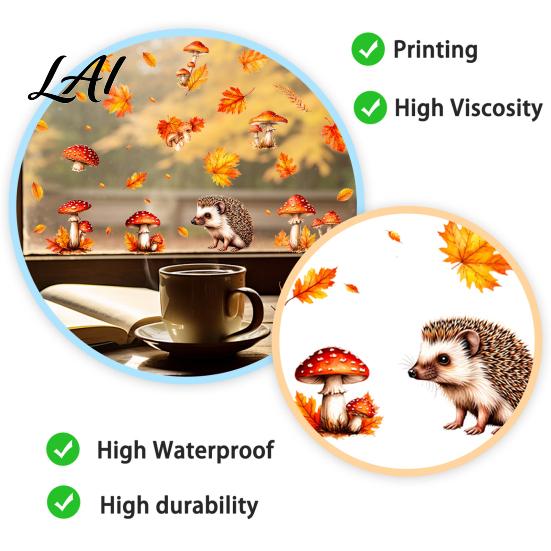 Static Window Film 2PCS Autumn Hedgehog Clings Fall Maple Leaf Mushroom Glass Stickers Clings No-Adhesive Decals for Home Store Coffee Shop