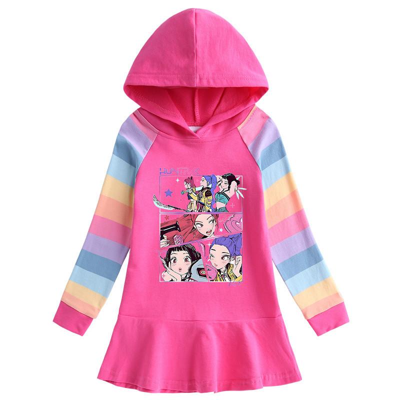Kids Girls Kpop Rumi Zoey Mira Hunters Print Rainbow Hooded Dress