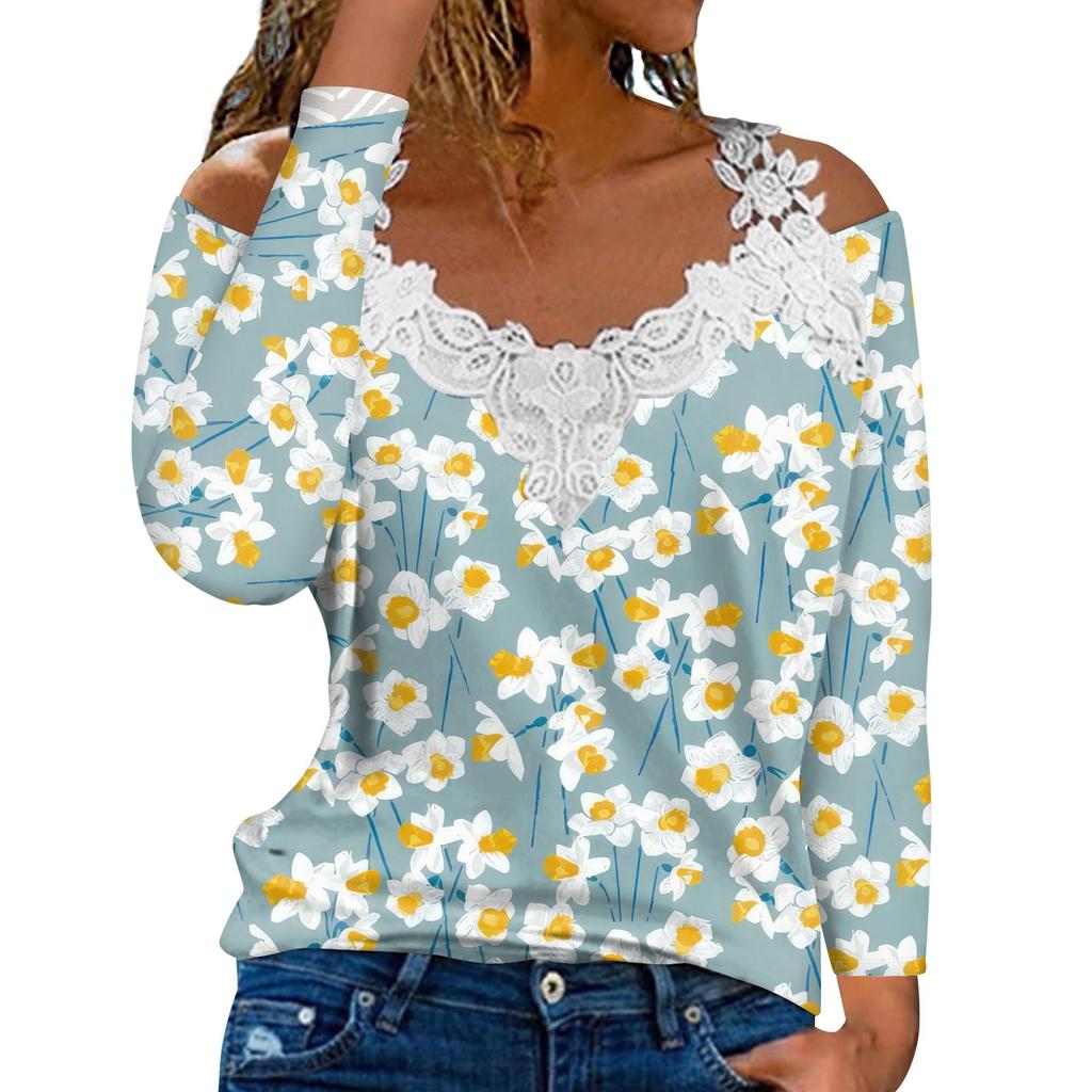 Модный кружевной пуловер с V-образным вырезом, длинный рукав, полосатый принт, однотонная повседневная футболка