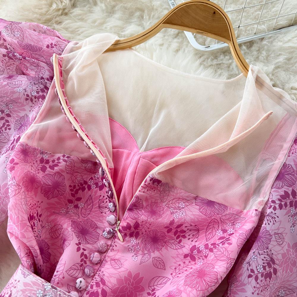 Женское винтажное длинное платье миди с цветочным принтом, летнее милое сетчатое праздничное платье принцессы с пышными рукавами и обручем для волос