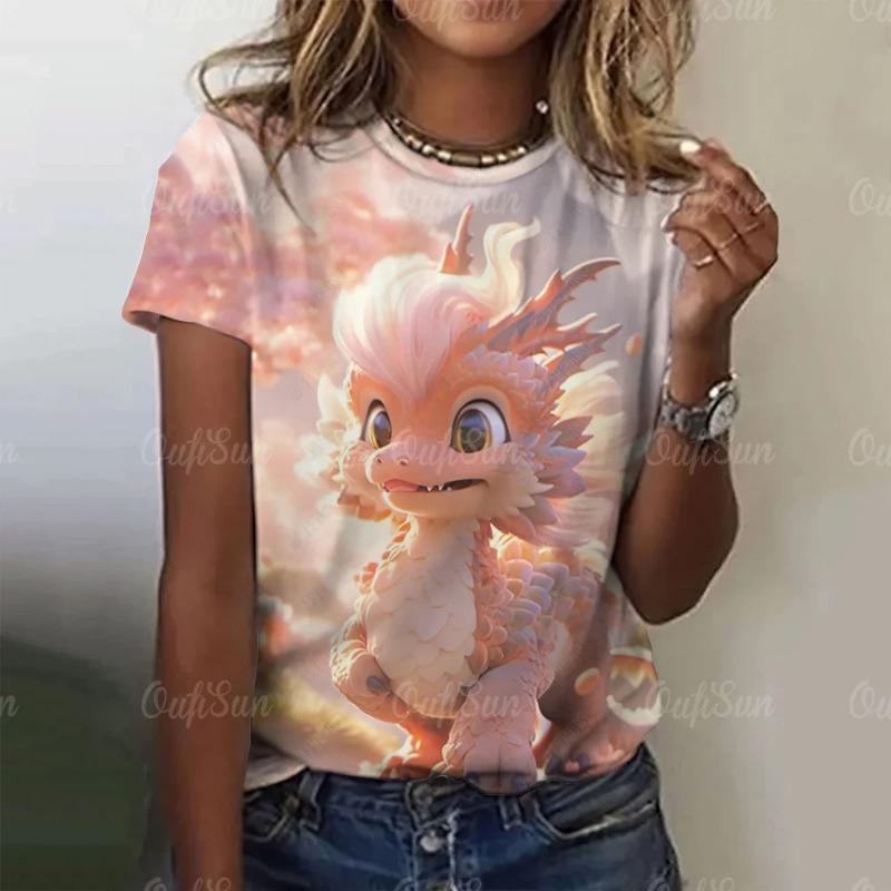 Летние женские футболки с рисунком из мультфильмов, повседневные футболки с короткими рукавами и 3D-драконом для женщин, одежда, свободный уличный топ