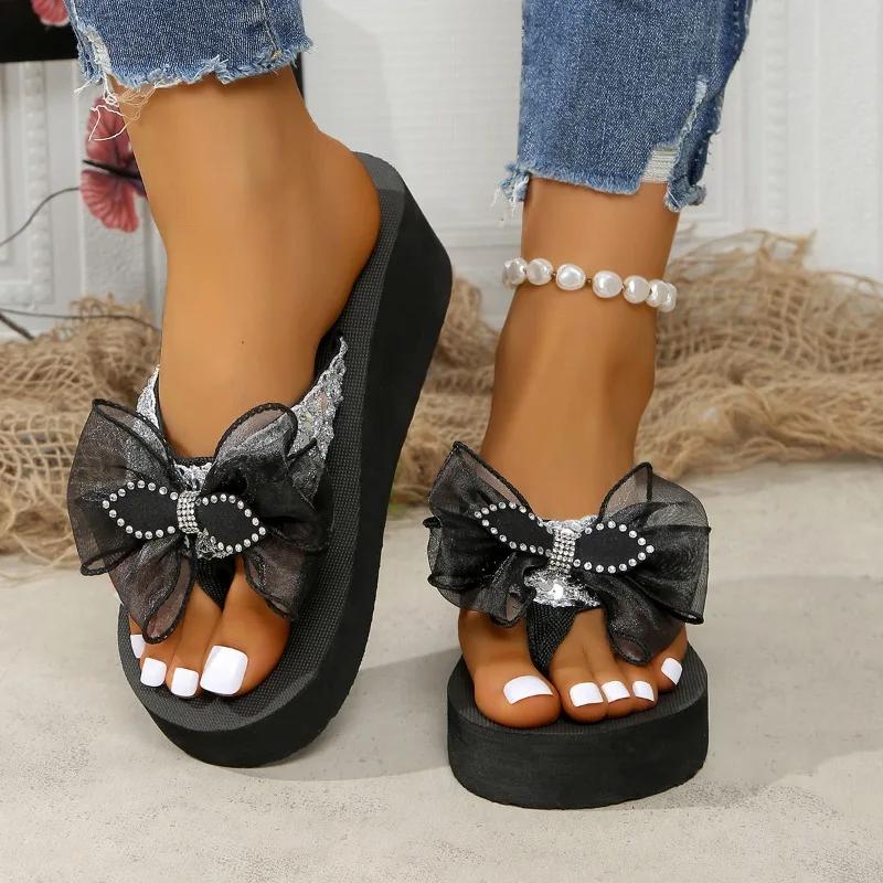 Обувь Женские шлепанцы Женские тапочки Большие размеры Повседневные сандалии Женские с круглым носком Платформа Клинья Женские сандалии с бантом
