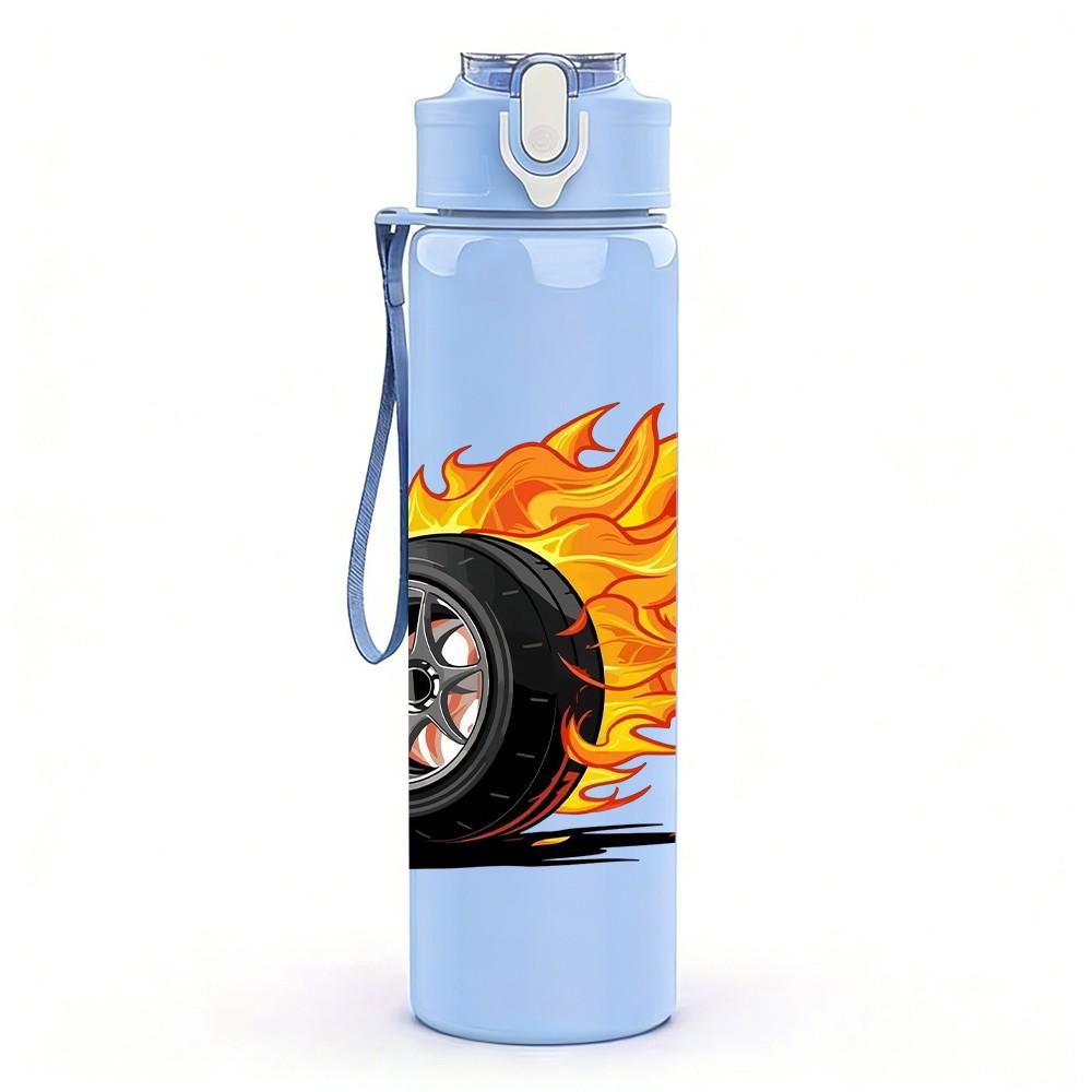 1PC Burning Tire Race Pattern 750ml Color Plastic Sports Water Bottle Leakproof Flip Straw Lid Suitable for Sports Office Home Use