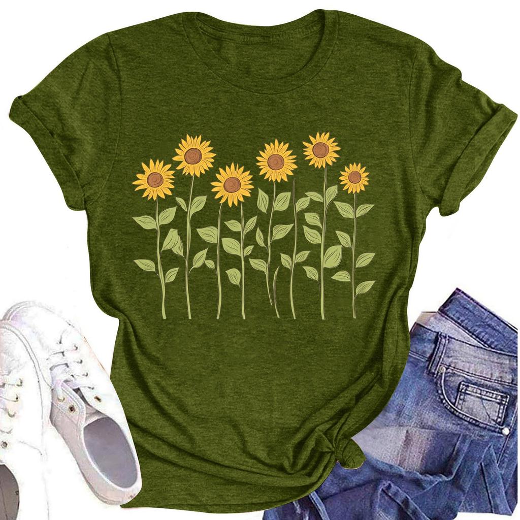 Женская повседневная футболка с круглым вырезом и цветочным принтом, короткий рукав