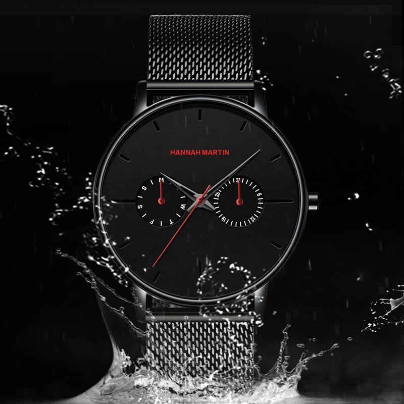 Hannah Martin Мужские часы Минималистичные мужские модные ультратонкие часы Простые мужские деловые кварцевые наручные часы с сетчатым ремнем из нержавеющей стали