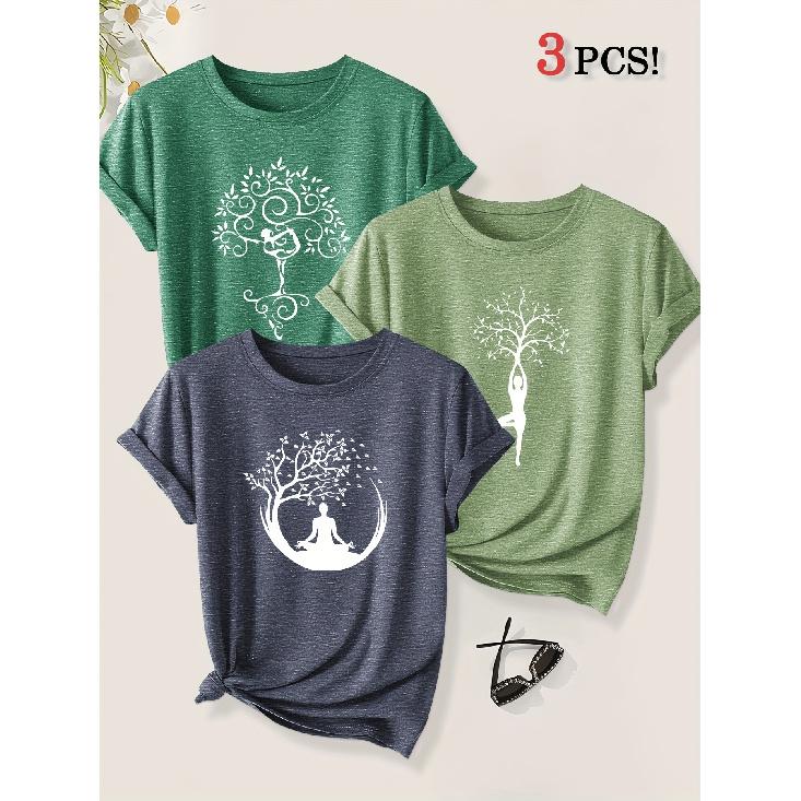2026 3 Pack Harmony Between Man And Nature Yoga Print Women Short Sleeve T Shirts Casual Sports Holiday Tops Summer Autumn Tees