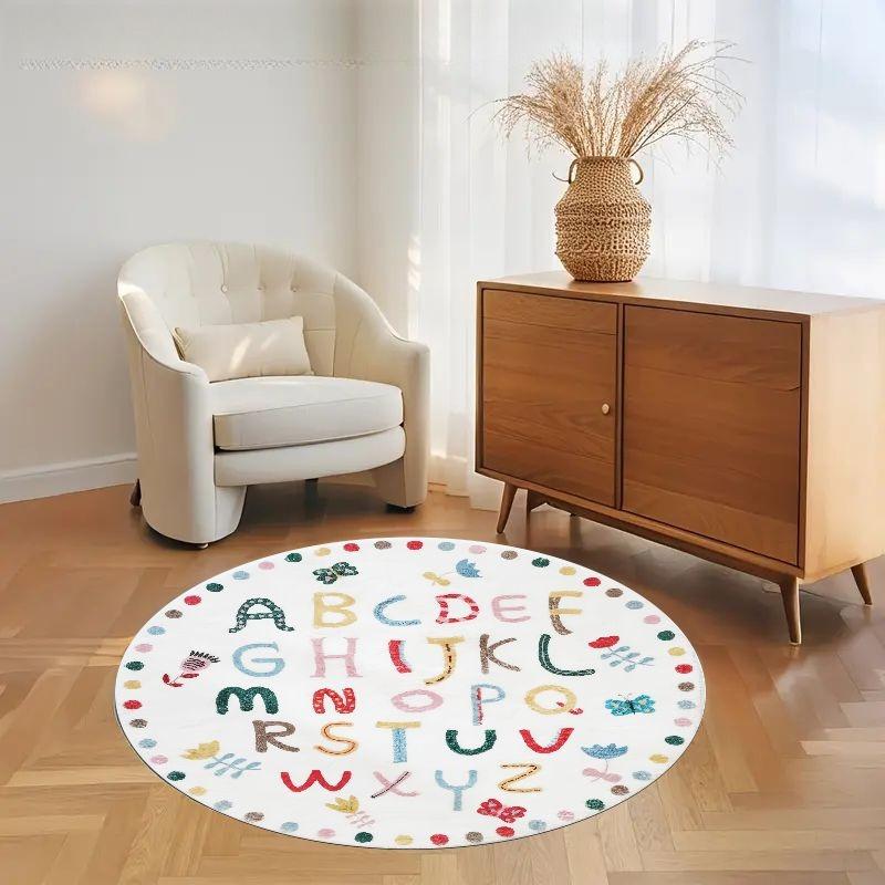 Colorful ABC Letters Flowers Round Rug Flannel Kids Learning Play Mat Non Slip Nursery School Room Educational Fun Floor Cover