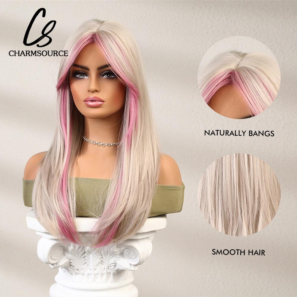 Смешанный светло-русый и розовый парик, длинные волнистые парики с челкой для женщин, синтетический парик, косплей, повседневные термостойкие волосы