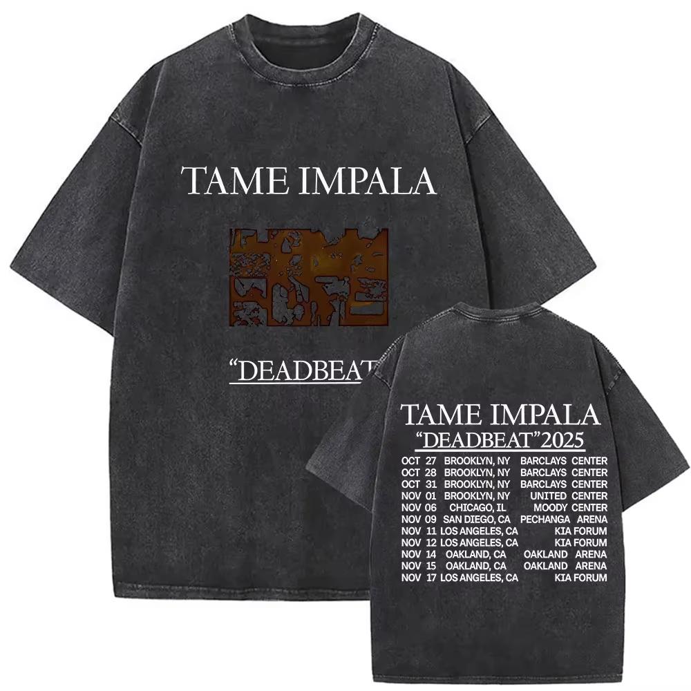 Rock Band Tame Impala Deadbeat Tour 2026 Vintage Washed T-shirt Unisex Hip Hop Gothic T Shirt Casual Oversized Short Sleeve Tees