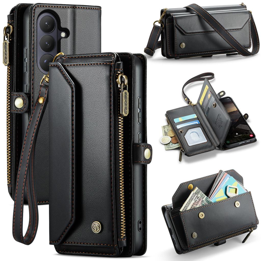 For Samsung Galaxy S26 Leather Case CASEME C36 Zipper 10 Card Slots Phone Cover with Straps