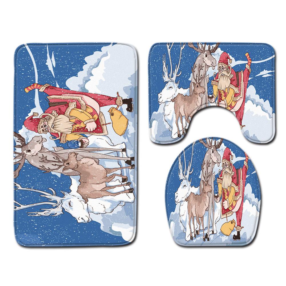 Christmas Shower Curtain Floor Mat Combination Four-Piece Set Bathroom Toilet Carpet Shower Room Mat Foot Mat