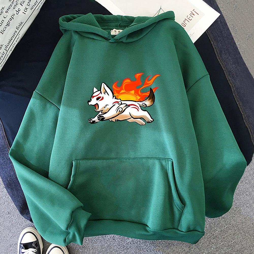 Свитшот Okami с милым мультяшным волком, толстовка с капюшоном, повседневный мужской/женский пуловер с длинным рукавом, зимняя флисовая одежда, свободный размер, толстовка Sudadera