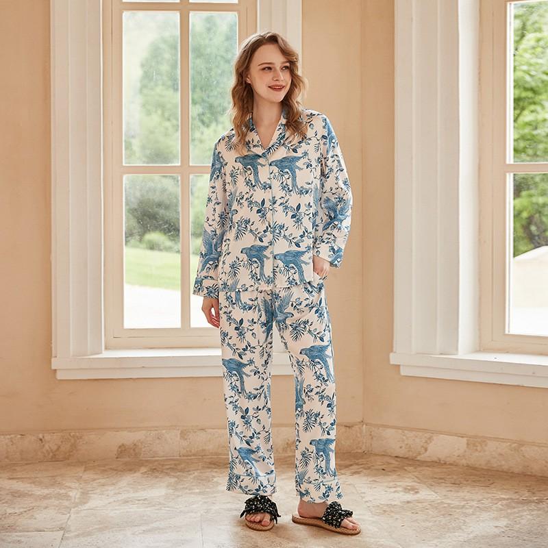 Womens Lightweight Silk-Like Pajama Set Long Sleeve Open Front Top Pants Home Wear