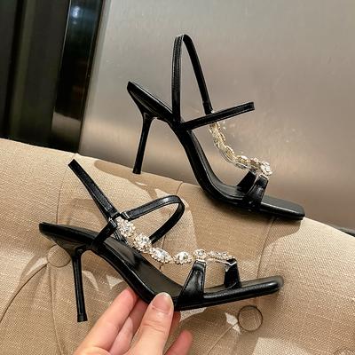 Модные Потрясающие Босоножки на Высоком Каблуке, Инкрустированные Бриллиантами, Украшенные Цепочками, На Шпильке, С Квадратным Носком, Золотые Летние Босоножки и Туфли Принцессы