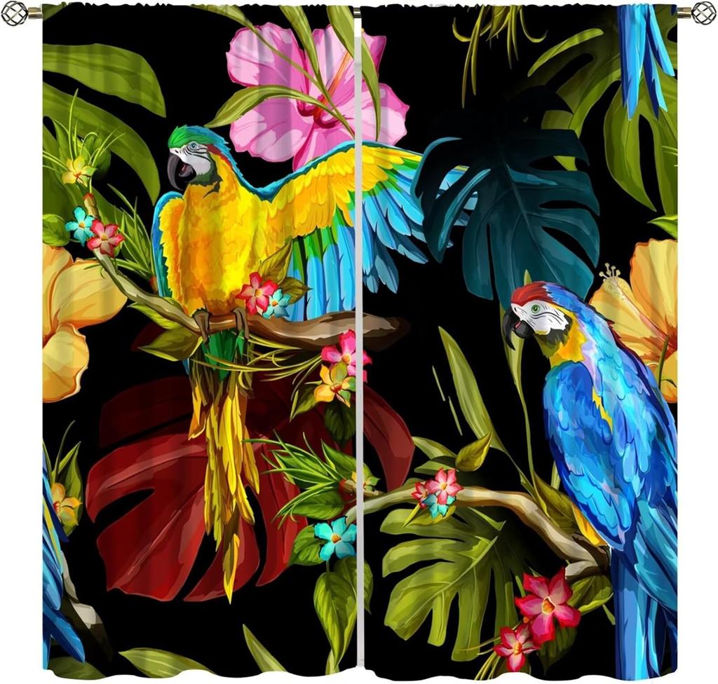 Watercolor Floral Bird Curtains - Modern White Wooden Board Hummingbird Floral Pattern - Living Room & Bedroom - Noise Reducing