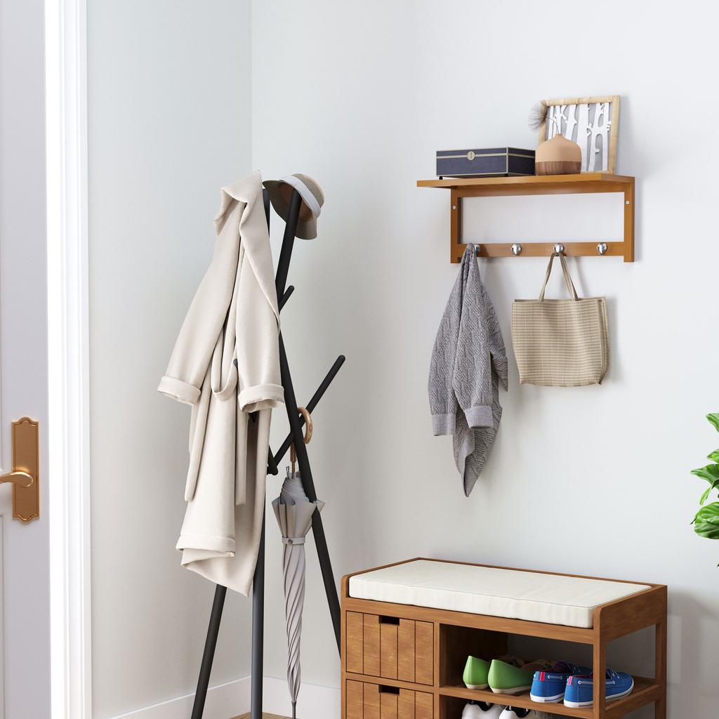 Wall Coat Rack Coat Rack with Hooks Wall-Mounted Space-Saving 5 kg Load Capacity, 50 x 16 x 17.5 cm Natural Wood