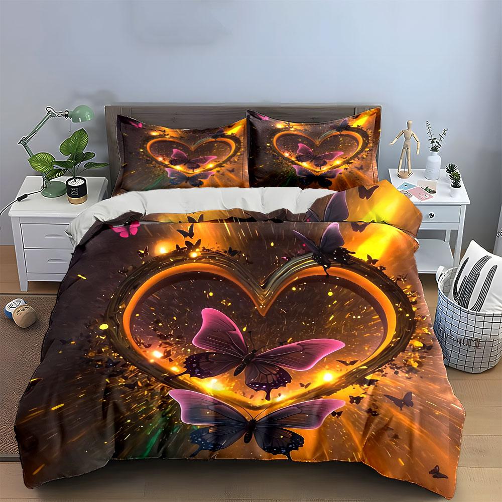 Heart Butterfly Art Decoration Set Bedding Set with 1 Duvet Cover 2 Pillowcases Single Double King Queen, Gift