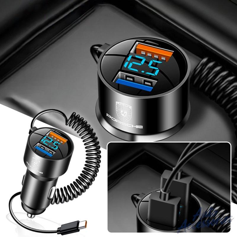 For Porsche 911 100W Car Charger With Type C Cable USB Super Fast Charging Retractable Spring Cable Sticker Auto Adapter 2 In 1 ESUVW1