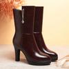7см 9см Модные Удобные Ботинки из Мягкой Кожи Обувь на Платформе Зимние До середины Икры Блочный Высокий Каблук Меховые Плюшевые Ботинки Офис Мама