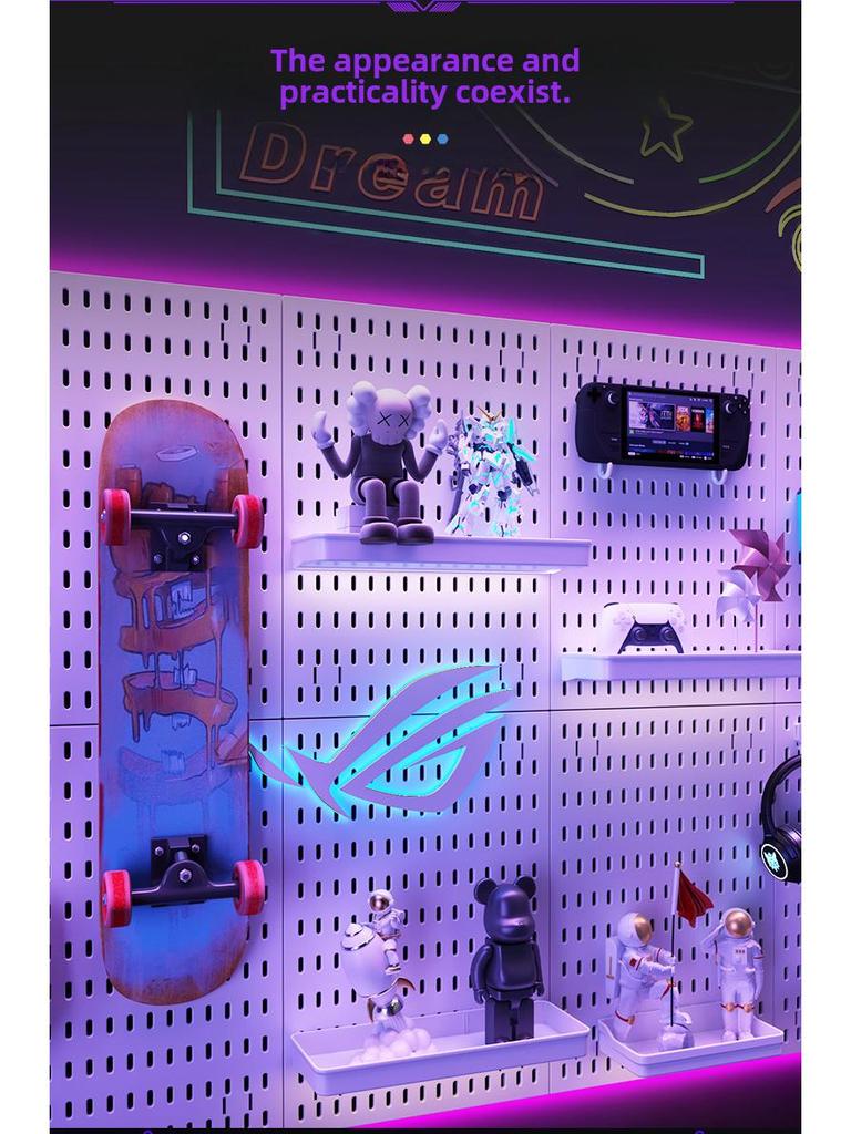 Perforated Wall Shelf for Gaming Room - Hook & Decor Storage Solution (Punch-Free Installation)