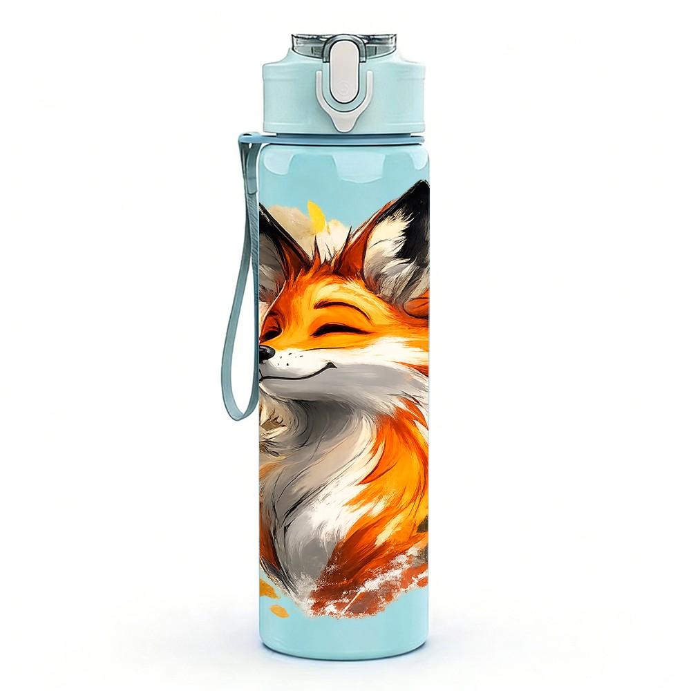 1PC Half Face Vivid Fox Pattern 750ml Color Plastic Sports Water Bottle Leakproof Flip Straw Lid Suitable for Sports Office Home Use