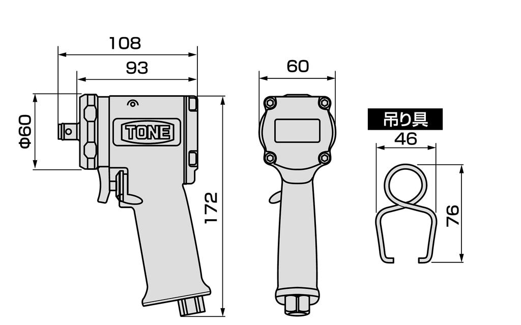 Воздушный ударный гайковерт TONE AI4200 Угол привода красный (Короткий тип) 12.7mm (1/2") 700Н·м