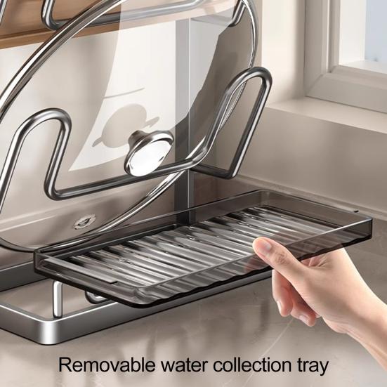 Подставка для хранения крышек от кастрюль Держатель для крышек от кастрюль с подставкой для ложки во время готовки Органайзер для крышек из углеродистой стали со съемным поддоном для капель для кухонных шкафов