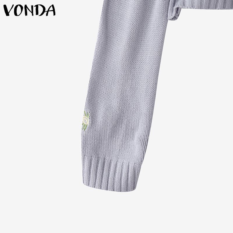 VONDA Autumn Winter Women Long Sleeve Embroidery Casual Short Knitted Sweaters Cardigans