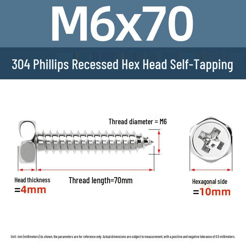 Yigu 304 Stainless Steel Phillips Recessed Hex and Slotted Self-Tapping Screws for Wood, M3-M8