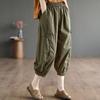 Cotton Seven Points Fashion Bloomers Trousers Women Summer Thin Elastic High Waist Pockets Casual Harem Pants