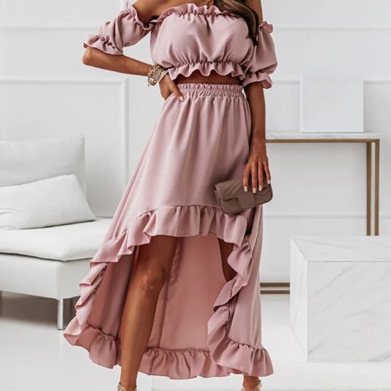 Женский летний однотонный комплект из 2 шт./компл. с юбкой, комплект с рюшами и плечами, менее дышащий мини-топ, комплект для выпускного вечера