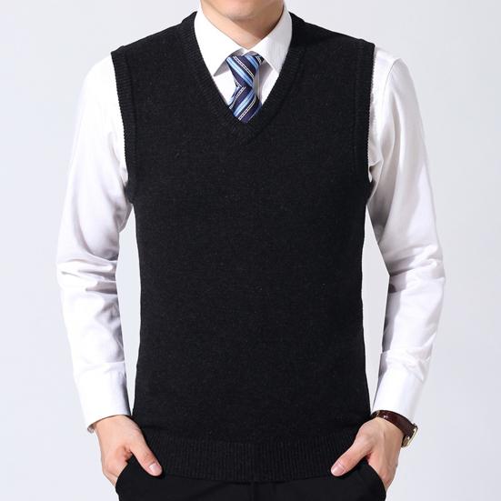 Men Vest Sweater V Neck Sleeveless Slim Fit Solid Color Knitted Pullover Slim Fit Mid Length Thickened Business Style Sweater